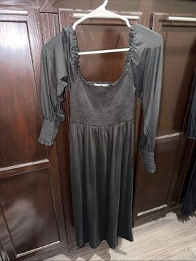 Velvet Torch Black Smocked Midi with Puff Sleeves